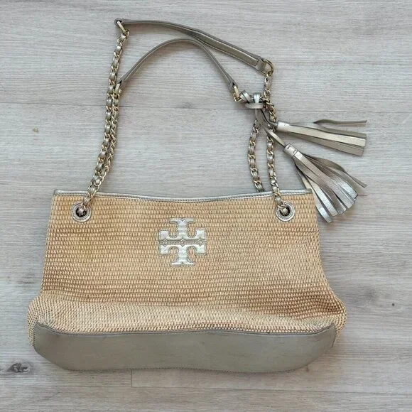 Tory Burch Woven Shoulder Bag Purse Tote Gold Accents Tassels Natural - Picture 14 of 14